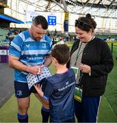 11 April 2025; Leinster mascot Paddy Donnelly with Leinster player Cian Healy before the Investec Champions Cup quarter-final match between Leinster and Glasgow Warriors at the Aviva Stadium in Dublin. Photo by Brendan Moran/Sportsfile