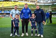 11 April 2025; Leinster mascots Ruadh Roche and Paddy Donnelly with Leinster players Jordan Larmour, Paddy McCarthy and Liam Turner before the Investec Champions Cup quarter-final match between Leinster and Glasgow Warriors at the Aviva Stadium in Dublin. Photo by Brendan Moran/Sportsfile