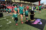 12 April 2025; Amee-Leigh Costigan captain of Ireland leads her team-mates out before the Women's Six Nations Rugby Championship match between Ireland and England at Virgin Media Park in Cork. Photo by Matt Browne/Sportsfile