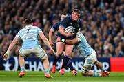 11 April 2025; Tadhg Furlong of Leinster is tackled by Matt Fagerson of Glasgow Warriors during the Investec Champions Cup quarter-final match between Leinster and Glasgow Warriors at the Aviva Stadium in Dublin. Photo by Brendan Moran/Sportsfile