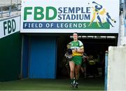 13 April 2025; Offaly captain Orlagh Phelan leads her side out before the Very National Camogie League Division 2A final match between between Derry and Offaly at FBD Semple Stadium in Thurles, Tipperary. Photo by Tom Beary/Sportsfile