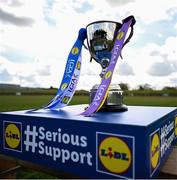 13 April 2025; The trophy is seen before the Lidl Ladies National Football League Division 3 final match between Cavan and Wexford at Integral GAA Grounds in Drogheda, Louth. Photo by Shauna Clinton/Sportsfile