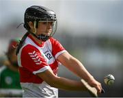 13 April 2025; Eabha McElhinney of Derry scores the first point of the Very National Camogie League Division 2A final match between between Derry and Offaly at FBD Semple Stadium in Thurles, Tipperary. Photo by Tom Beary/Sportsfile