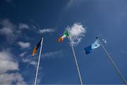 13 April 2025; The Tricolour, Wicklow and Dublin flags flutter in the wind before the Leinster GAA Football Senior Championship quarter-final match between Wicklow and Dublin at Echelon Park in Aughrim, Wicklow. Photo by Ray McManus/Sportsfile