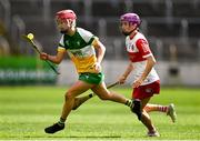 13 April 2025; Caoimhe O'Donovan of Offaly in action against Rachel McAllister of Derry during the Very National Camogie League Division 2A final match between between Derry and Offaly at FBD Semple Stadium in Thurles, Tipperary. Photo by Tom Beary/Sportsfile