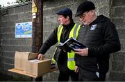 13 April 2025; Programme sellers David McCabe, left, and John Joe Brady before the Lidl Ladies National Football League Division 3 final match between Cavan and Wexford at Integral GAA Grounds in Drogheda, Louth. Photo by Shauna Clinton/Sportsfile