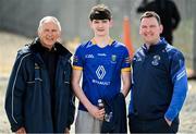 13 April 2025; Wicklow supporters and three generations, former Wicklow selector Gerry Farrell, left, Dan and Steven, from St Pats GAA in Wicklow, before the Leinster GAA Football Senior Championship quarter-final match between Wicklow and Dublin at Echelon Park in Aughrim, Wicklow. Photo by Ray McManus/Sportsfile