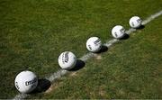 13 April 2025; Gaelic footballs on the pitch before the Leinster GAA Football Senior Championship quarter-final match between Wicklow and Dublin at Echelon Park in Aughrim, Wicklow. Photo by Ray McManus/Sportsfile