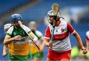 13 April 2025; Leah Lennon of Derry in action against Roisin Kinsella of Offaly during the Very National Camogie League Division 2A final match between between Derry and Offaly at FBD Semple Stadium in Thurles, Tipperary. Photo by Tom Beary/Sportsfile