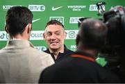 13 April 2025; Utility Trust St. Paul's head coach James Fleming is interviewed before the Domino's Women's Super League final match between Utility Trust St. Paul's and Killester at the National Basketball Arena in Tallaght, Dublin. Photo by Tyler Miller/Sportsfile