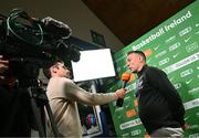 13 April 2025; Utility Trust St. Paul's head coach James Fleming is interviewed before the Domino's Women's Super League final match between Utility Trust St. Paul's and Killester at the National Basketball Arena in Tallaght, Dublin. Photo by Tyler Miller/Sportsfile