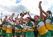 13 April 2025; Offaly players celebrate with the cup after the Very National Camogie League Division 2A final match between between Derry and Offaly at FBD Semple Stadium in Thurles, Tipperary. Photo by Tom Beary/Sportsfile