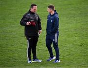 13 April 2025; Louth manager Ger Brennan, left, and Laois selector Ross Munnelly in conversation before the Leinster GAA Football Senior Championship quarter-final match between Louth and Laois at Cedral St Conleth's Park in Newbridge, KiIdare. Photo by Piaras Ó Mídheach/Sportsfile