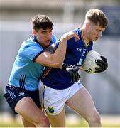 13 April 2025; Oisin McGraynor of Wicklow in action against Theo Clancy of Dublin during the Leinster GAA Football Senior Championship quarter-final match between Wicklow and Dublin at Echelon Park in Aughrim, Wicklow. Photo by Ray McManus/Sportsfile