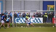 13 April 2025; Wicklow goalkeeper Mark Jackson dives to save a penalty kick from Dublin captain Con O'Callaghan of Dublin, in the 26th minute, during the Leinster GAA Football Senior Championship quarter-final match between Wicklow and Dublin at Echelon Park in Aughrim, Wicklow. Photo by Ray McManus/Sportsfile