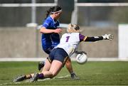 13 April 2025; Lauren McVeety of Cavan scores her side's first goal despite the efforts of Wexford goalkeeper Siobhan Cloake during the Lidl Ladies National Football League Division 3 final match between Cavan and Wexford at Integral GAA Grounds in Drogheda, Louth. Photo by Shauna Clinton/Sportsfile