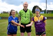 13 April 2025; Referee Gerard Canny is joined by Cavan captain Shauna Lynch, left, and Wexford captain Róisín Murphy before the Lidl Ladies National Football League Division 3 final match between Cavan and Wexford at Integral GAA Grounds in Drogheda, Louth. Photo by Shauna Clinton/Sportsfile