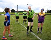 13 April 2025; Referee Gerard Canny is joined by Cavan captain Shauna Lynch, left, and Wexford captain Róisín Murphy for the coin toss before the Lidl Ladies National Football League Division 3 final match between Cavan and Wexford at Integral GAA Grounds in Drogheda, Louth. Photo by Shauna Clinton/Sportsfile