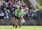 13 April 2025; Meath goalkeeper Billy Hogan in action against Daire McDaid of Offaly during the Leinster GAA Football Senior Championship quarter-final match between Meath and Offaly at Pairc Tailteann in Navan, Meath. Photo by Thomas Flinkow/Sportsfile