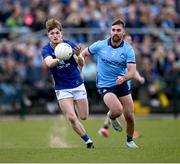 13 April 2025; Jack Kirwan of Wicklow in action against Sean MacMahon of Dublin during the Leinster GAA Football Senior Championship quarter-final match between Wicklow and Dublin at Echelon Park in Aughrim, Wicklow. Photo by Ray McManus/Sportsfile