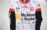 13 April 2025; A general view of an autographed Tyrone jersey during the Ulster GAA Football Senior Championship quarter-final match between Tyrone and Cavan at O'Neills Healy Park in Omagh, Tyrone. Photo by Ramsey Cardy/Sportsfile