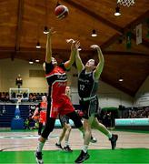 13 April 2025; Hannah Thornton of Killester in action against Denise Dunlea of Utility Trust St. Paul's during the Domino's Women's Super League final match between Utility Trust St. Paul's and Killester at the National Basketball Arena in Tallaght, Dublin. Photo by Tyler Miller/Sportsfile