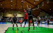 13 April 2025; Sam Haiby of Killester in action against Mathilde Diop of Utility Trust St. Paul's during the Domino's Women's Super League final match between Utility Trust St. Paul's and Killester at the National Basketball Arena in Tallaght, Dublin. Photo by Tyler Miller/Sportsfile