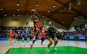 13 April 2025; Sam Haiby of Killester in action against Callie Cavanagh of Utility Trust St. Paul's during the Domino's Women's Super League final match between Utility Trust St. Paul's and Killester at the National Basketball Arena in Tallaght, Dublin. Photo by Tyler Miller/Sportsfile
