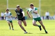 13 April 2025; Jordan Hayes of Offaly in action against Diarmuid Moriarty of Meath during the Leinster GAA Football Senior Championship quarter-final match between Meath and Offaly at Pairc Tailteann in Navan, Meath. Photo by Thomas Flinkow/Sportsfile