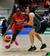 13 April 2025; Sam Haiby of Killester in action against Denise Dunlea of Utility Trust St. Paul's during the Domino's Women's Super League final match between Utility Trust St. Paul's and Killester at the National Basketball Arena in Tallaght, Dublin. Photo by Tyler Miller/Sportsfile