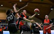 13 April 2025; Sarah Courtney of Killester in action against Mathilde Diop of Utility Trust St. Paul's during the Domino's Women's Super League final match between Utility Trust St. Paul's and Killester at the National Basketball Arena in Tallaght, Dublin. Photo by Tyler Miller/Sportsfile
