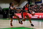 13 April 2025; Destiny Strother of Killester in action against Mathilde Diop of Utility Trust St. Paul's during the Domino's Women's Super League final match between Utility Trust St. Paul's and Killester at the National Basketball Arena in Tallaght, Dublin. Photo by Tyler Miller/Sportsfile