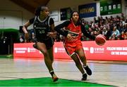13 April 2025; Destiny Strother of Killester in action against Mathilde Diop of Utility Trust St. Paul's during the Domino's Women's Super League final match between Utility Trust St. Paul's and Killester at the National Basketball Arena in Tallaght, Dublin. Photo by Tyler Miller/Sportsfile