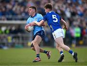 13 April 2025; Greg McEneaney of Dublin is tackled by Joe Prendergast of Wicklow during the Leinster GAA Football Senior Championship quarter-final match between Wicklow and Dublin at Echelon Park in Aughrim, Wicklow. Photo by Ray McManus/Sportsfile
