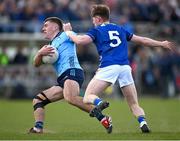 13 April 2025; Greg McEneaney of Dublin is tackled by Joe Prendergast of Wicklow during the Leinster GAA Football Senior Championship quarter-final match between Wicklow and Dublin at Echelon Park in Aughrim, Wicklow. Photo by Ray McManus/Sportsfile