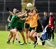 13 April 2025; Niamh McIntosh of Antrim in action against Eimear Smyth and Aoife McCabe of Fermanagh during the Lidl Ladies National Football League Division 4 final match between Antrim and Fermanagh at St Tiernach's Park in Clones, Monaghan. Photo by Matt Browne/Sportsfile