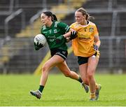 13 April 2025; Cadhla Cara Bogue of Fermanagh in action against Ciara Brown of Antrim during the Lidl Ladies National Football League Division 4 final match between Antrim and Fermanagh at St Tiernach's Park in Clones, Monaghan. Photo by Matt Browne/Sportsfile