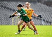 13 April 2025; Eimear Smyth of Fermanagh in action against Sarah O Neill of Antrim during the Lidl Ladies National Football League Division 4 final match between Antrim and Fermanagh at St Tiernach's Park in Clones, Monaghan. Photo by Matt Browne/Sportsfile