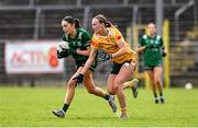 13 April 2025; Cadhla Cara Bogue of Fermanagh in action against Ciara Brown of Antrim during the Lidl Ladies National Football League Division 4 final match between Antrim and Fermanagh at St Tiernach's Park in Clones, Monaghan. Photo by Matt Browne/Sportsfile