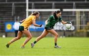 13 April 2025; Cadhla Cara Bogue of Fermanagh in action against Ciara Brown of Antrim during the Lidl Ladies National Football League Division 4 final match between Antrim and Fermanagh at St Tiernach's Park in Clones, Monaghan. Photo by Matt Browne/Sportsfile