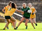 13 April 2025; Molly McGloin of Fermanagh in action against Ciara Brown, Meave Blaney and Maeve Mulholland of Antrim during the Lidl Ladies National Football League Division 4 final match between Antrim and Fermanagh at St Tiernach's Park in Clones, Monaghan. Photo by Matt Browne/Sportsfile