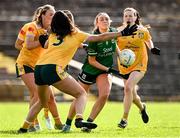13 April 2025; Molly McGloin of Fermanagh in action against Ciara Brown, Meave Blaney and Maeve Mulholland of Antrim during the Lidl Ladies National Football League Division 4 final match between Antrim and Fermanagh at St Tiernach's Park in Clones, Monaghan. Photo by Matt Browne/Sportsfile