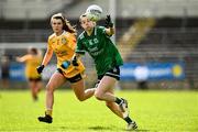 13 April 2025; Eimear Smyth of Fermanagh in action against  Niamh McIntosh of Antrim during the Lidl Ladies National Football League Division 4 final match between Antrim and Fermanagh at St Tiernach's Park in Clones, Monaghan. Photo by Matt Browne/Sportsfile