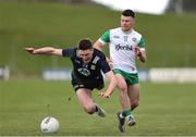 13 April 2025; Diarmuid Moriarty of Meath is tackled by Cathal Flynn of Offaly during the Leinster GAA Football Senior Championship quarter-final match between Meath and Offaly at Pairc Tailteann in Navan, Meath. Photo by Thomas Flinkow/Sportsfile