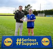 13 April 2025; Sinead Greene of Cavan receives the Player of the Match award from Jamie O’Rourke, Partnerships and Events Manager, Lidl Ireland and Northern Ireland, following the 2025 Lidl Ladies National Football League Division 3 Final between Cavan and Wexford at the Integral GAA Grounds, Drogheda, Co. Louth. Photo by Shauna Clinton/Sportsfile