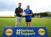 13 April 2025; Sinead Greene of Cavan receives the Player of the Match award from Jamie O’Rourke, Partnerships and Events Manager, Lidl Ireland and Northern Ireland, following the 2025 Lidl Ladies National Football League Division 3 Final between Cavan and Wexford at the Integral GAA Grounds, Drogheda, Co. Louth. Photo by Shauna Clinton/Sportsfile