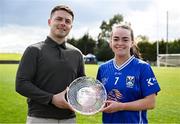 13 April 2025; Sinead Greene of Cavan receives the Player of the Match award from Jamie O’Rourke, Partnerships and Events Manager, Lidl Ireland and Northern Ireland, following the 2025 Lidl Ladies National Football League Division 3 Final between Cavan and Wexford at the Integral GAA Grounds, Drogheda, Co. Louth. Photo by Shauna Clinton/Sportsfile