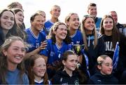 13 April 2025; Cavan players, from left, Ciara Brady, Eimear Corcoran and Catherine Dolan celebrate with supporters after their side's victory in the Lidl Ladies National Football League Division 3 final match between Cavan and Wexford at Integral GAA Grounds in Drogheda, Louth. Photo by Shauna Clinton/Sportsfile