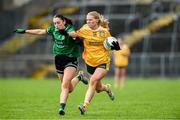13 April 2025; Theresa Mellon of Antrim in action against Cadhla Cara Bogue of Fermanagh during the Lidl Ladies National Football League Division 4 final match between Antrim and Fermanagh at St Tiernach's Park in Clones, Monaghan. Photo by Matt Browne/Sportsfile