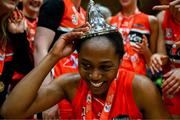 13 April 2025; Sam Haiby of Killester celebrates after the Domino's Women's Super League final match between Utility Trust St. Paul's and Killester at the National Basketball Arena in Tallaght, Dublin. Photo by Tyler Miller/Sportsfile